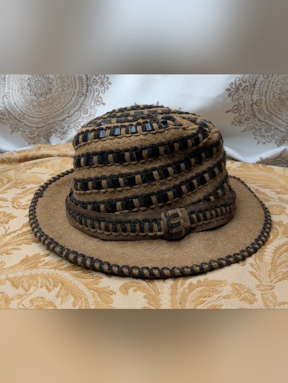 Daniele Meucci Brown Fedora Bucket Hat Wool Leather Hand Woven 22" Circumference